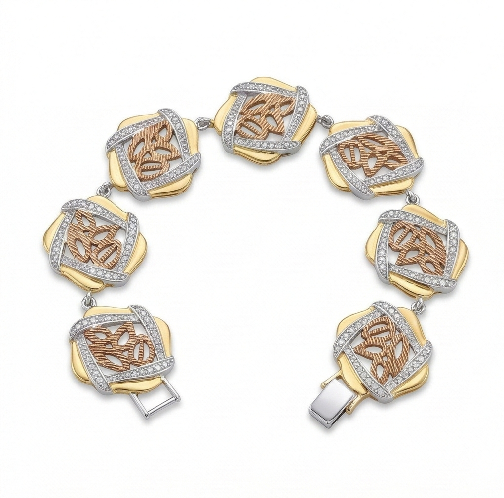 925 Sterling Silver Two-Tone Abstract Floral Link Bracelet Premium Jewellery for Women