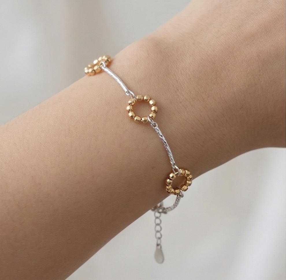 925 Sterling Silver Two-Tone Beaded Circle Link Bracelet Premium Jewellery for Women