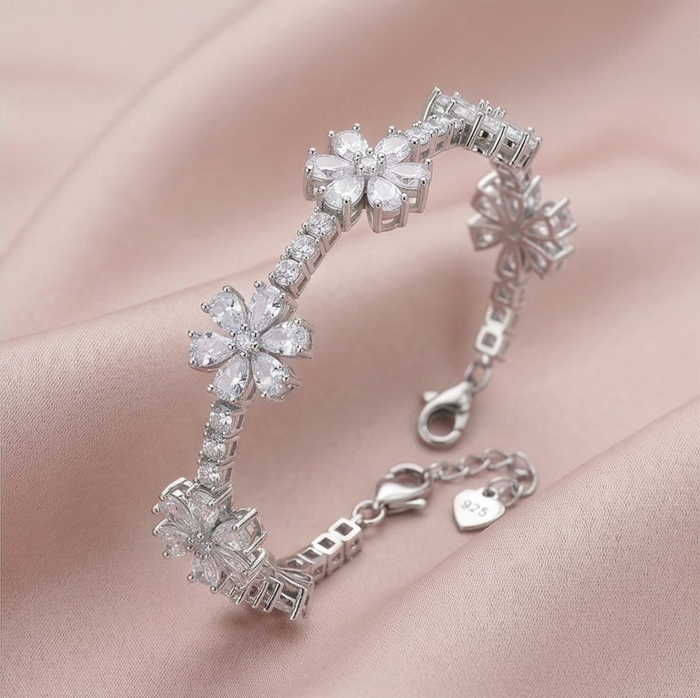 925 Sterling Silver Rhodium Plated Floral Blossom Bracelet Premium Jewellery for Women