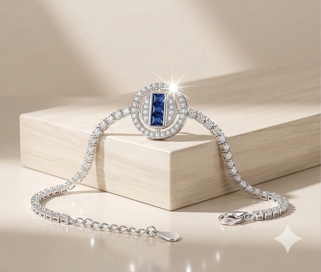 925 Sterling Silver Rhodium Plated Blue Stone Centerpiece Bracelet Premium Jewellery for Women