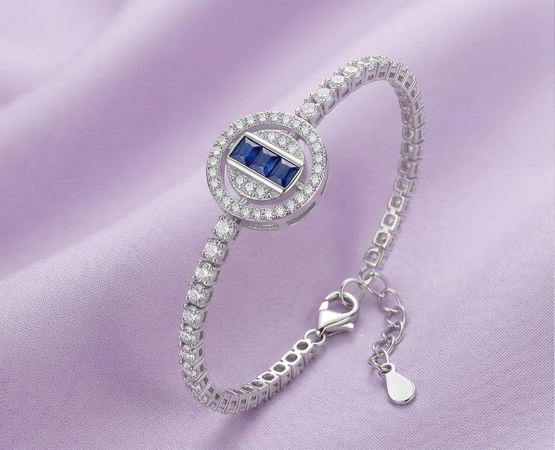 925 Sterling Silver Rhodium Plated Blue Stone Centerpiece Bracelet Premium Jewellery for Women