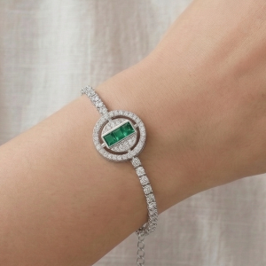 925 Sterling Silver Halo Emerald Cut Green Stone Tennis Bracelet High Polish Rhodium Premium Finish Premium Women's Jewellery