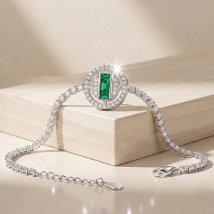 925 Sterling Silver Halo Emerald Cut Green Stone Tennis Bracelet High Polish Rhodium Premium Finish Premium Women's Jewellery