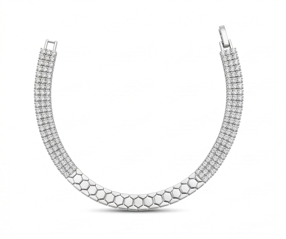 925 Sterling Silver Half Pave Half Honeycomb Bangle Bracelet High Polish Rhodium Premium Finish Modern Statement Jewellery