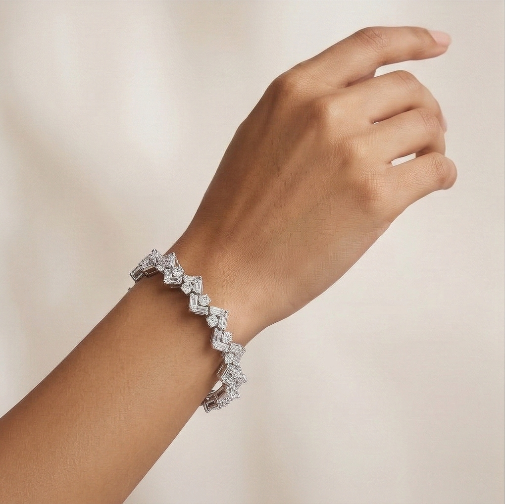 925 Sterling Silver Zig Zag Geometric Link Bracelet High Polish Premium Rhodium Finish Bridal Party Wear Jewellery