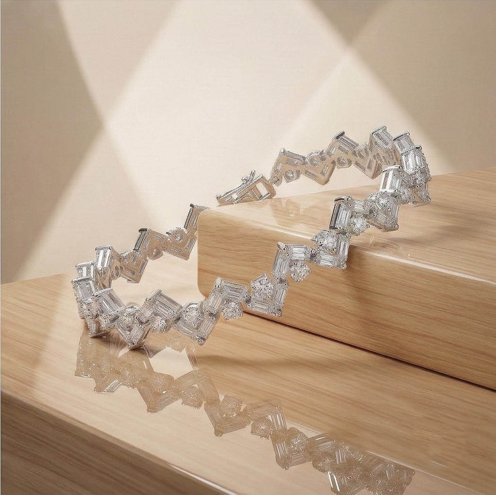 925 Sterling Silver Zig Zag Geometric Link Bracelet High Polish Premium Rhodium Finish Bridal Party Wear Jewellery