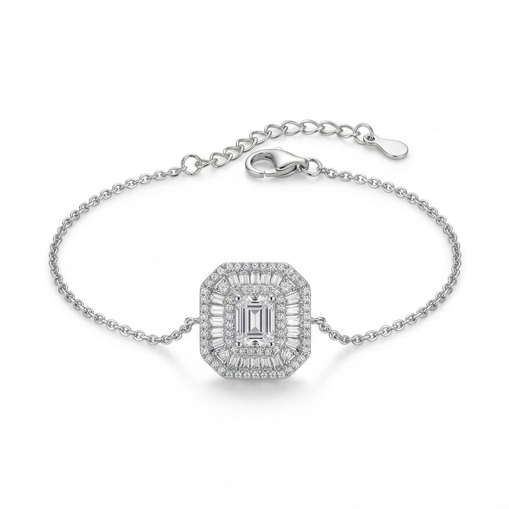925 Sterling Silver Delicate Octagon Halo Chain Bracelet High Polish Premium Rhodium Finish Minimalist Everyday Jewellery