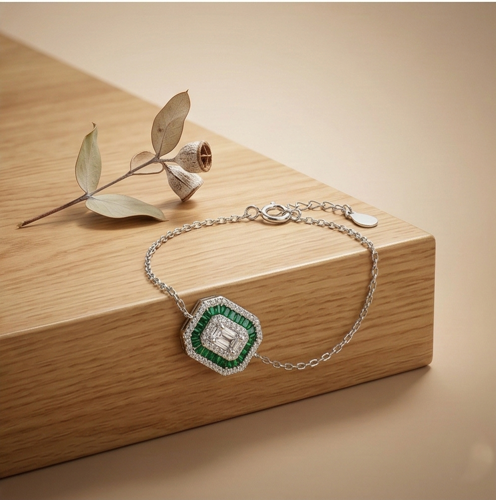 925 Sterling Silver Delicate Octagon Green Halo Chain Bracelet High Polish Premium Rhodium Finish Elegant Daily Wear Jewellery
