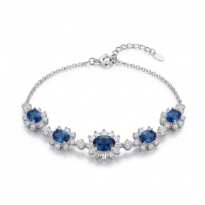 925 Sterling Silver Floral Blue Oval Link Bracelet High Polish Premium Rhodium Finish Elegant Party Wear Jewellery