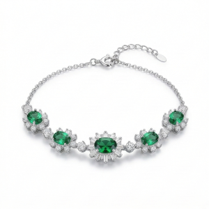 925 Sterling Silver Floral Green Oval Link Bracelet High Polish Premium Rhodium Finish Romantic Festive Women’s Jewellery