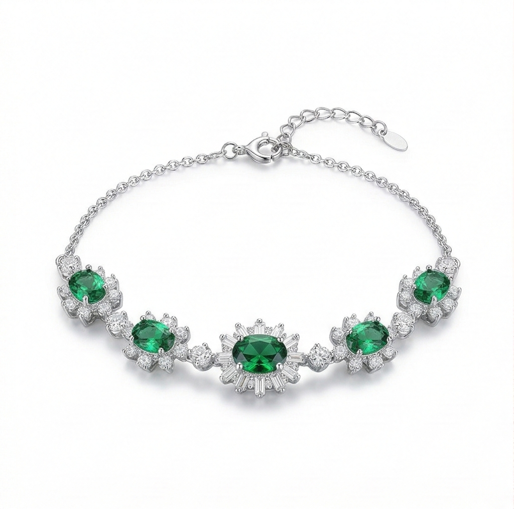925 Sterling Silver Floral Green Oval Link Bracelet High Polish Premium Rhodium Finish Romantic Festive Women's Jewellery