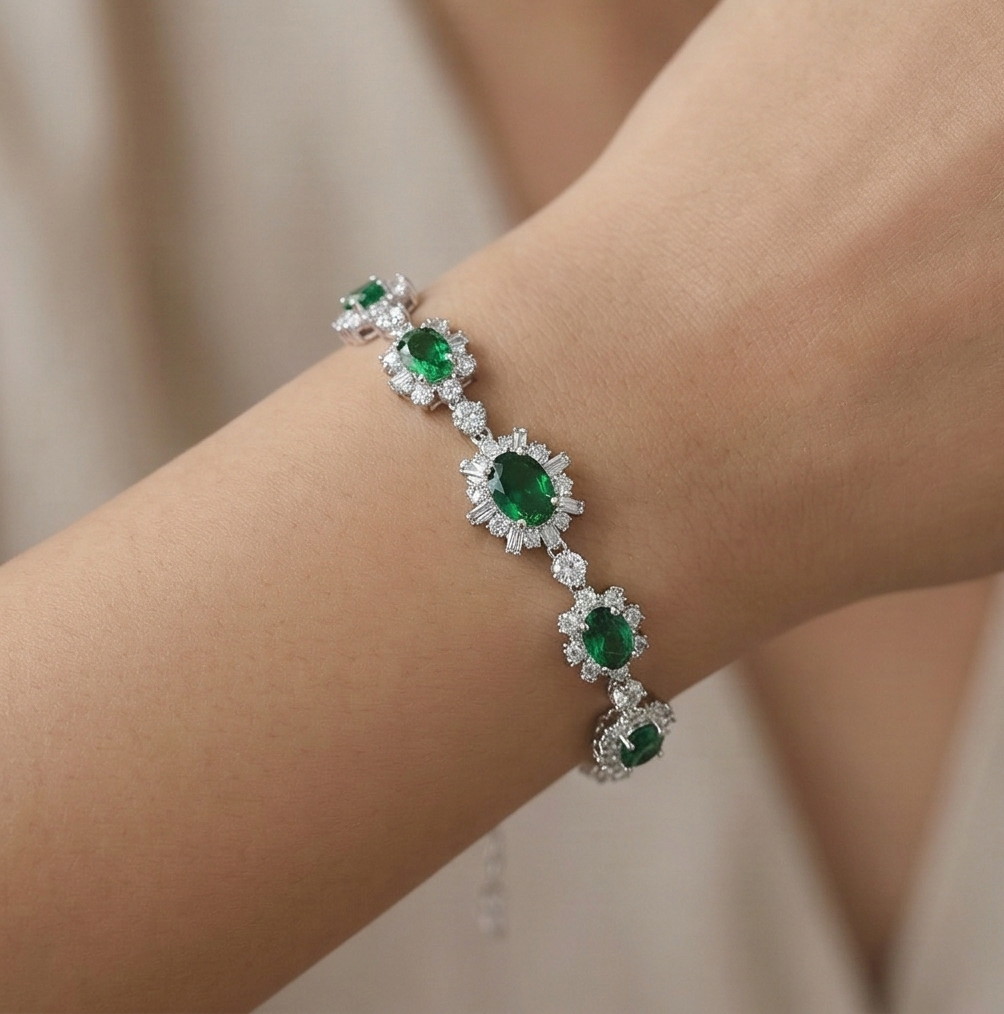 925 Sterling Silver Floral Green Oval Link Bracelet High Polish Premium Rhodium Finish Romantic Festive Women's Jewellery