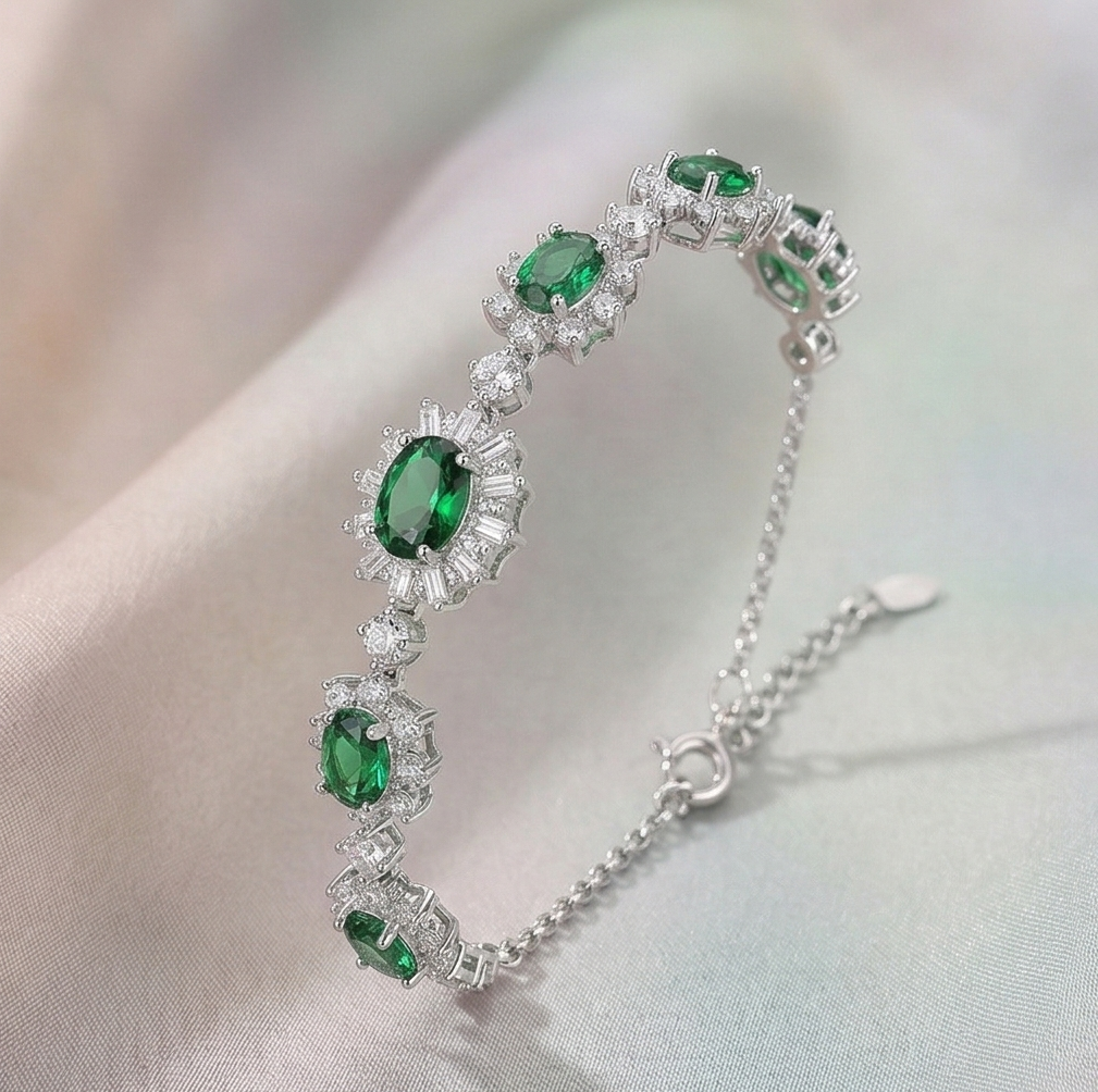 925 Sterling Silver Floral Green Oval Link Bracelet High Polish Premium Rhodium Finish Romantic Festive Women's Jewellery