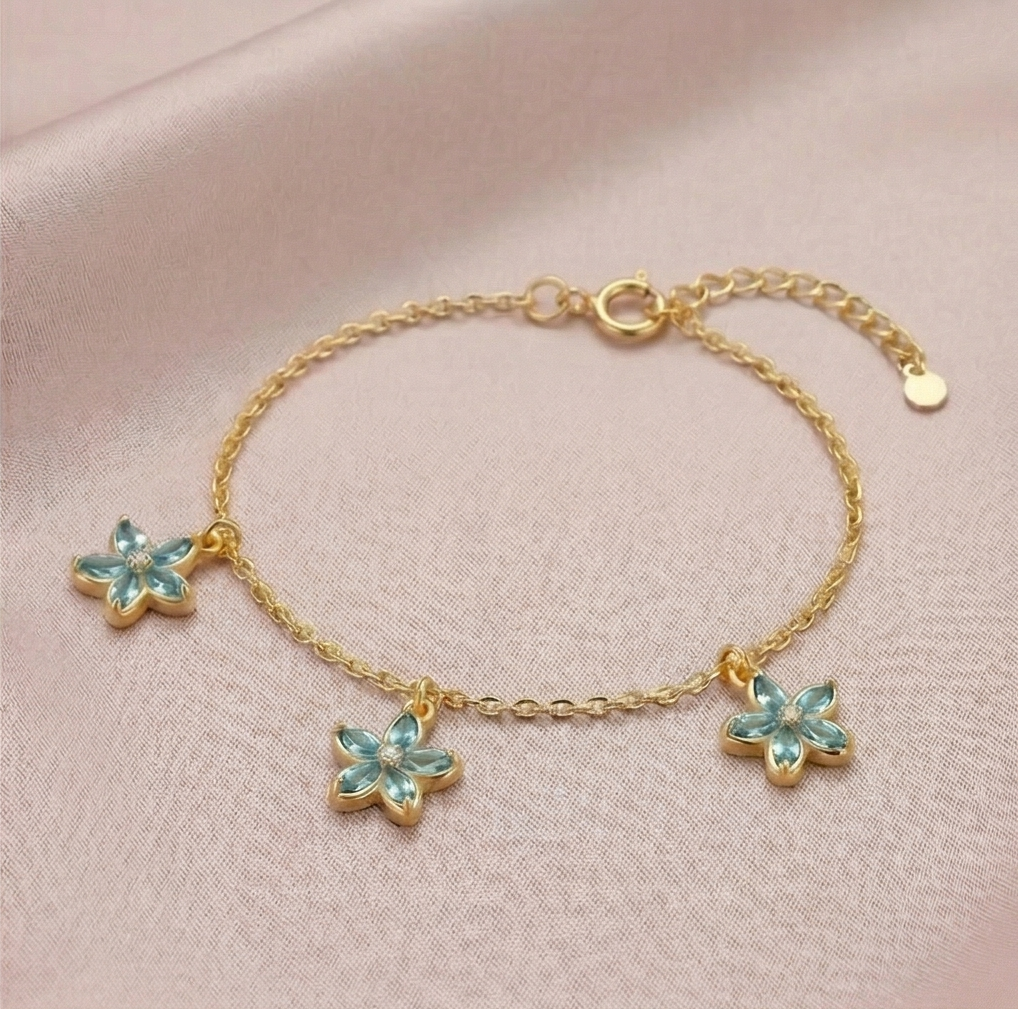 925 Sterling Silver Blue Floral Chain Bracelet with Premium Gold Finish Elegant Jewellery