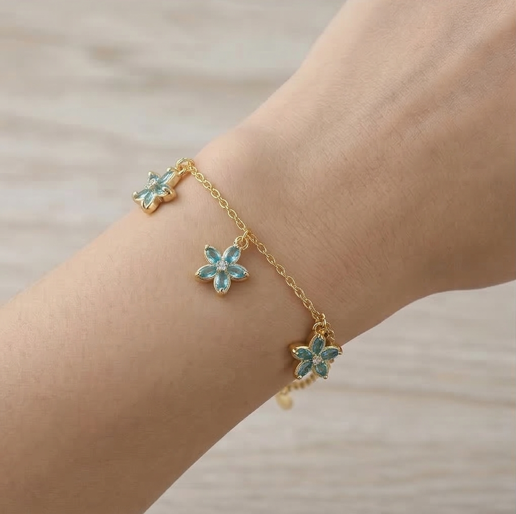 925 Sterling Silver Blue Floral Chain Bracelet with Premium Gold Finish Elegant Jewellery