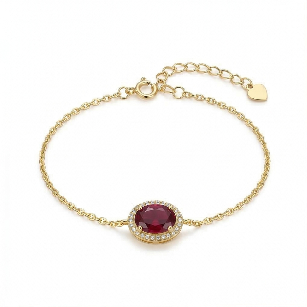 925 Sterling Silver Red Oval Halo Bracelet with Premium Gold Finish Premium Jewellery