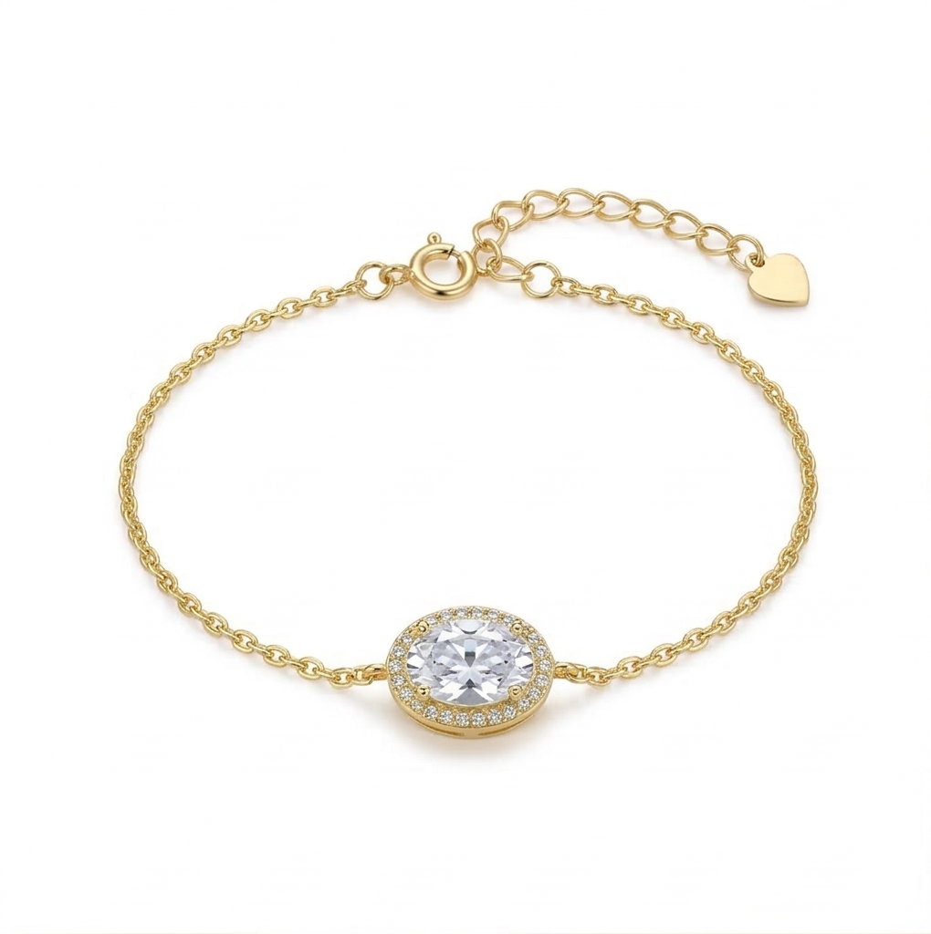 925 Sterling Silver Oval Halo Bracelet with Premium Gold Finish Minimalist Jewellery
