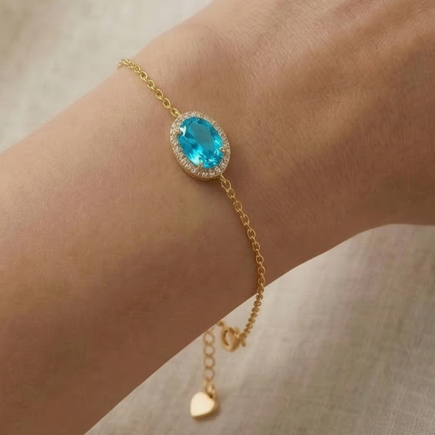 925 Sterling Silver Blue Oval Halo Bracelet with Premium Gold Finish Fine Jewellery