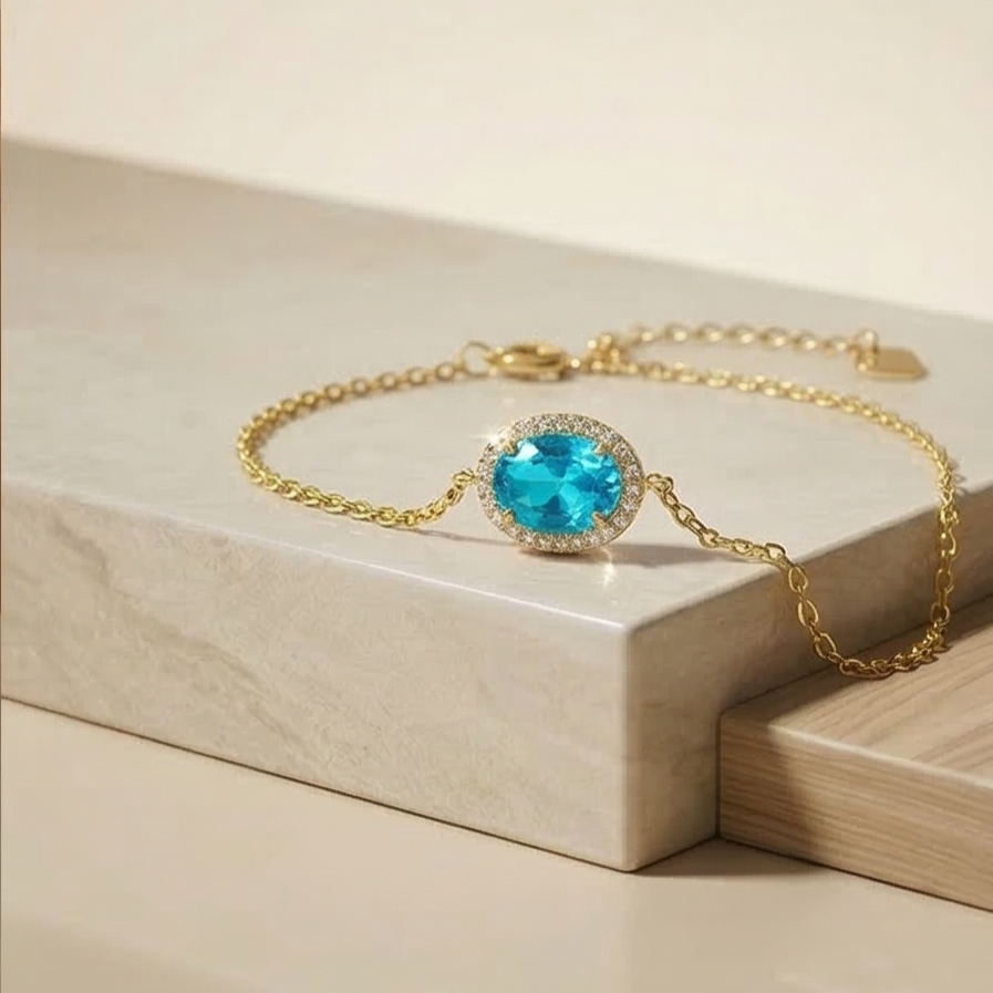 925 Sterling Silver Blue Oval Halo Bracelet with Premium Gold Finish Fine Jewellery