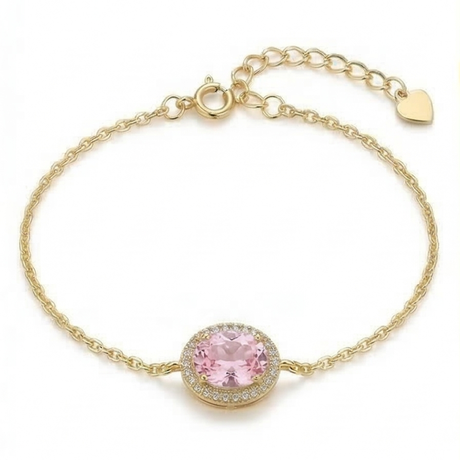925 Sterling Silver Pink Oval Halo Bracelet with Premium Gold Finish Delicate Jewellery