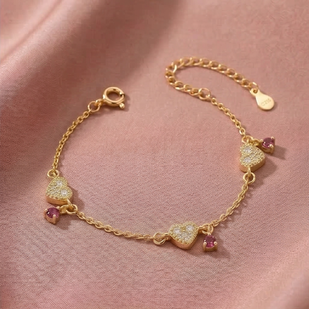 925 Sterling Silver Pave Heart and Red Charm Bracelet with Premium Gold Finish Festive Jewellery