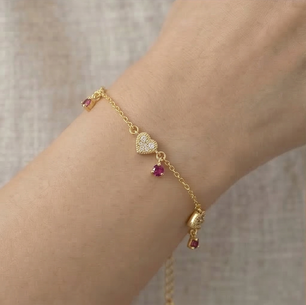 925 Sterling Silver Pave Heart and Red Charm Bracelet with Premium Gold Finish Festive Jewellery