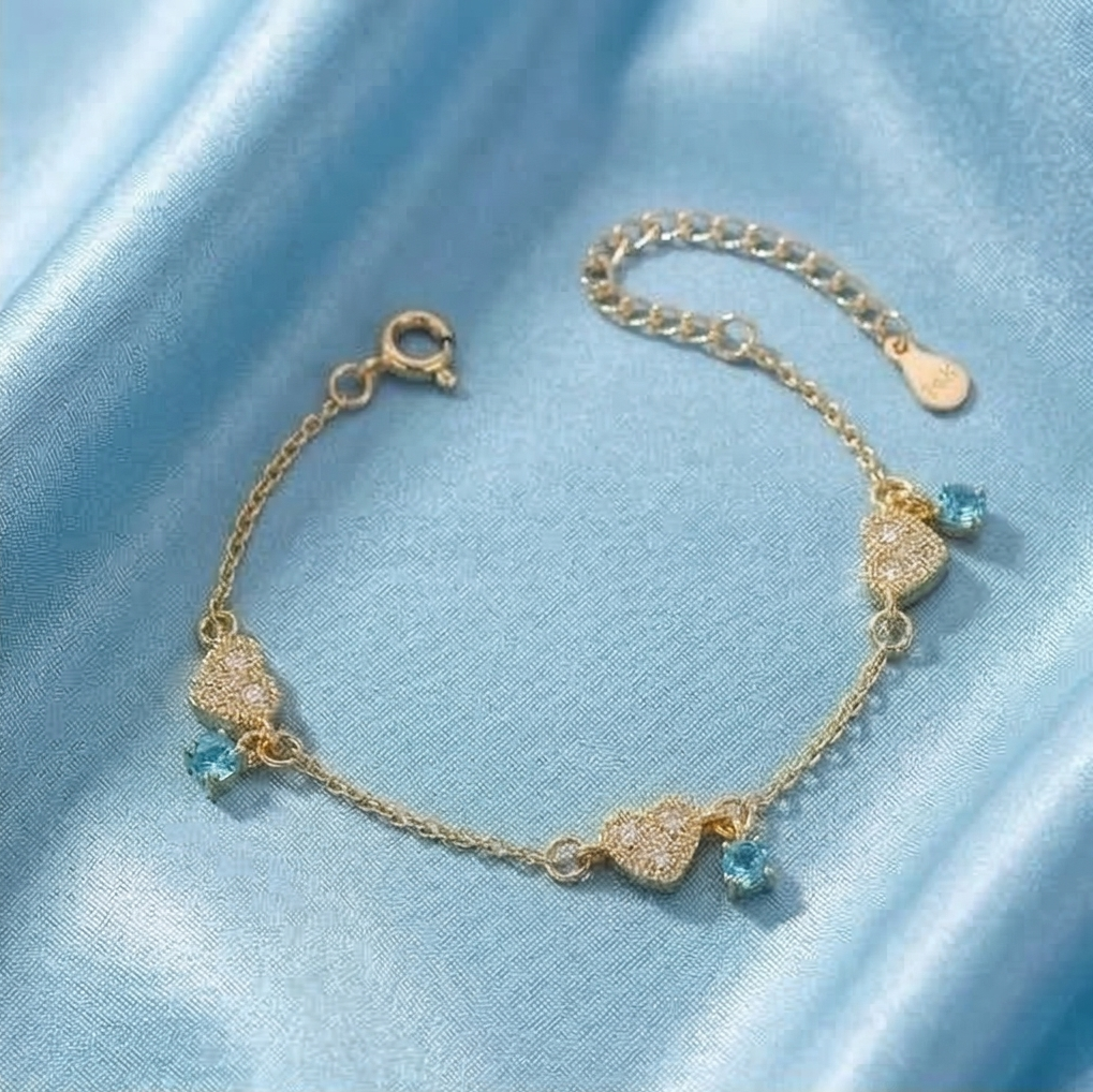 925 Sterling Silver Gold Plated Heart and Blue Stone Premium Bracelet Jewellery for Women