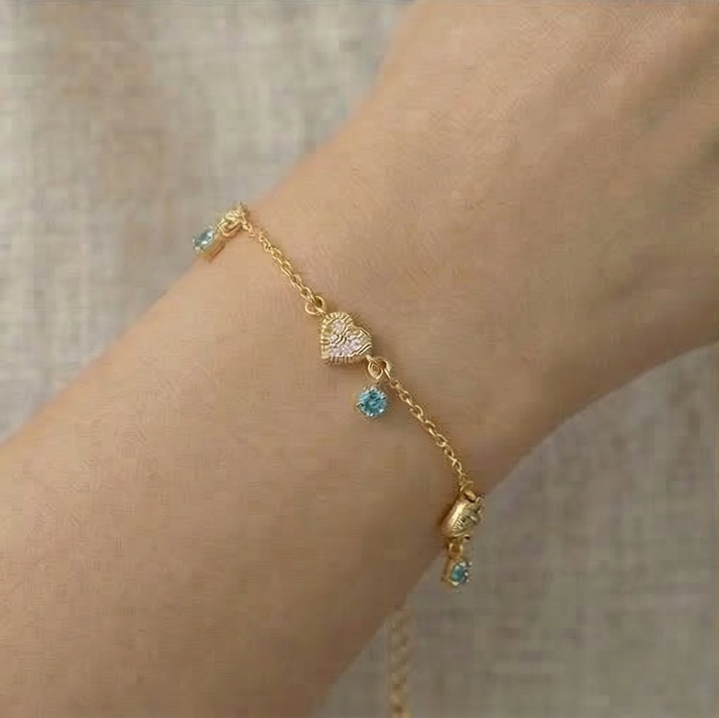 925 Sterling Silver Gold Plated Heart and Blue Stone Premium Bracelet Jewellery for Women