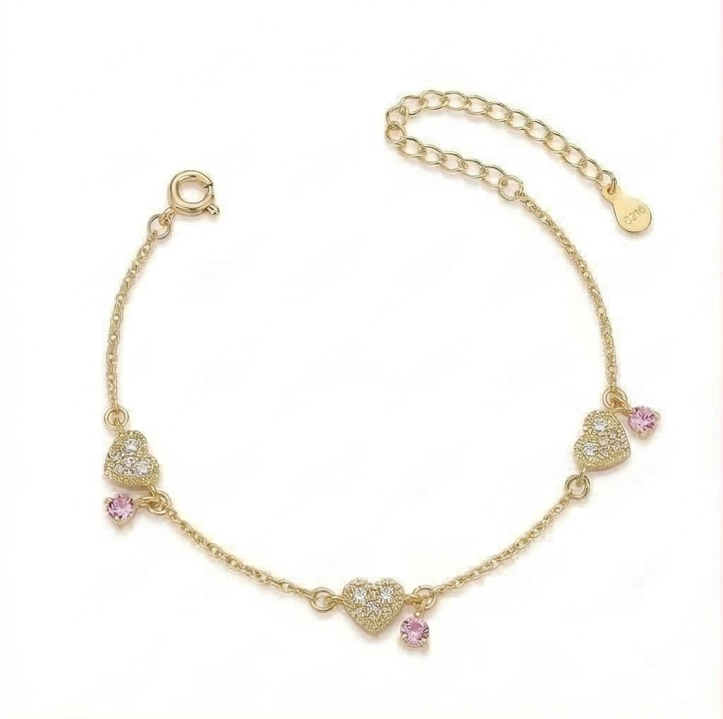 925 Sterling Silver Gold Plated Heart and Pink Stone Bracelet Premium Jewellery for Women