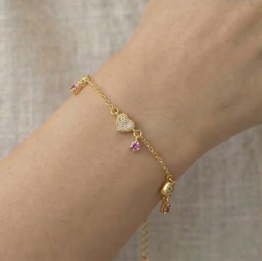 925 Sterling Silver Gold Plated Heart and Pink Stone Bracelet Premium Jewellery for Women