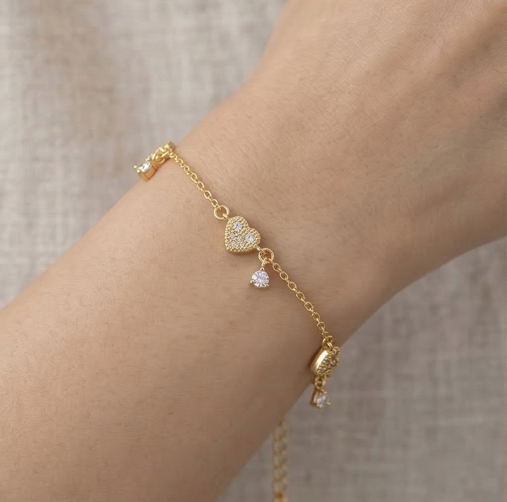 925 Sterling Silver Pave Heart Bracelet with Premium Gold Finish Romantic Jewellery