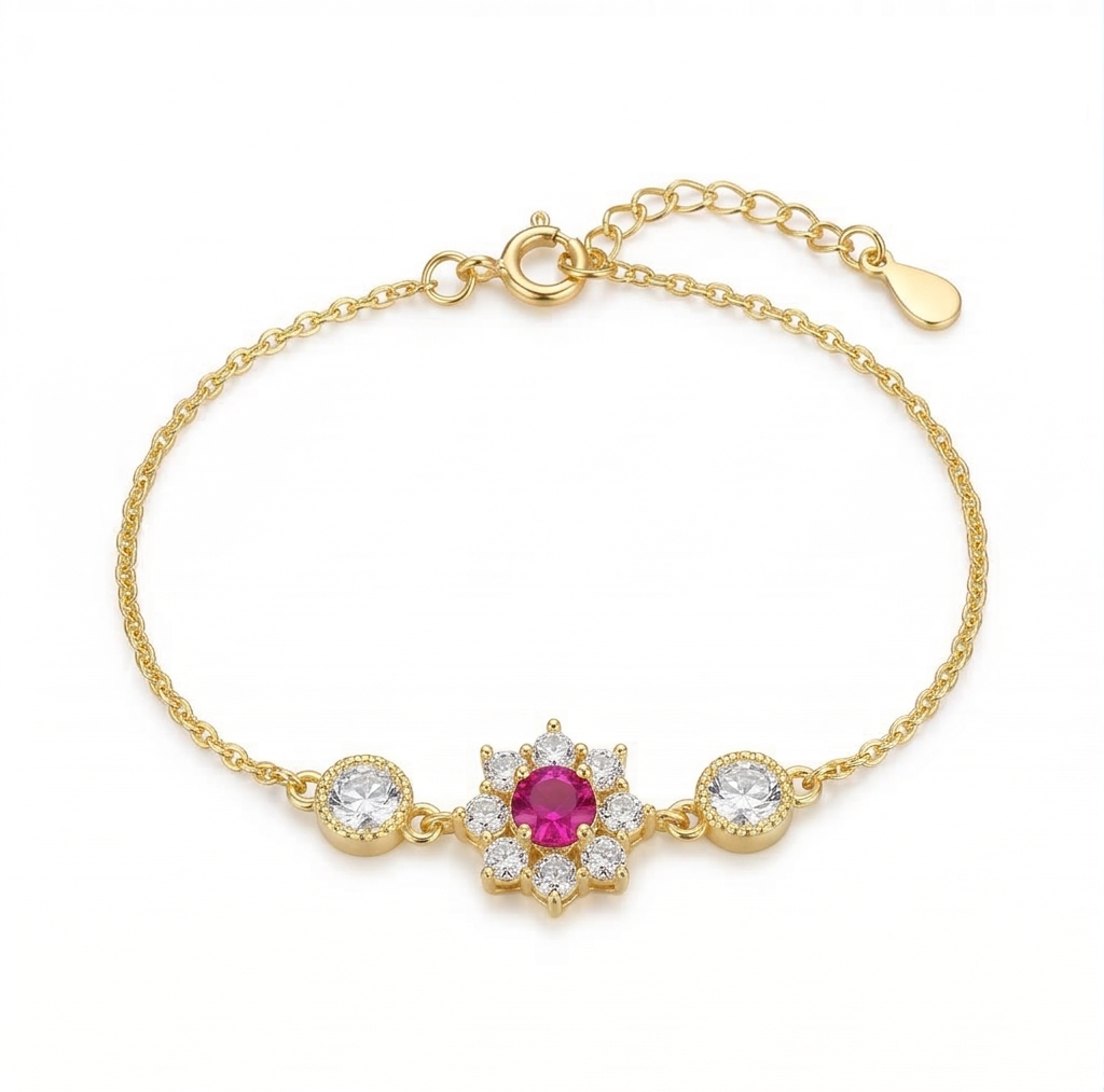 925 Sterling Silver Gold Plated Pink Floral Bracelet Premium Jewellery for Women