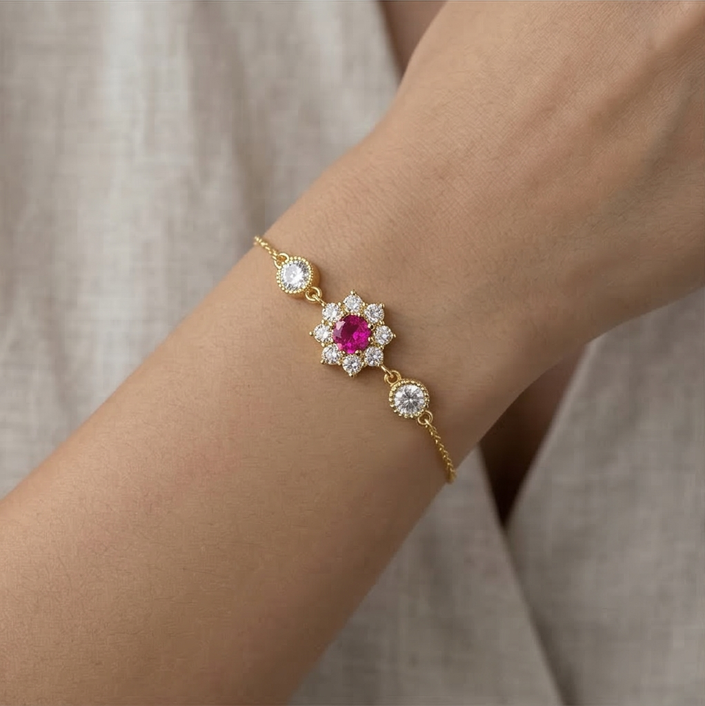 925 Sterling Silver Gold Plated Pink Floral Bracelet Premium Jewellery for Women