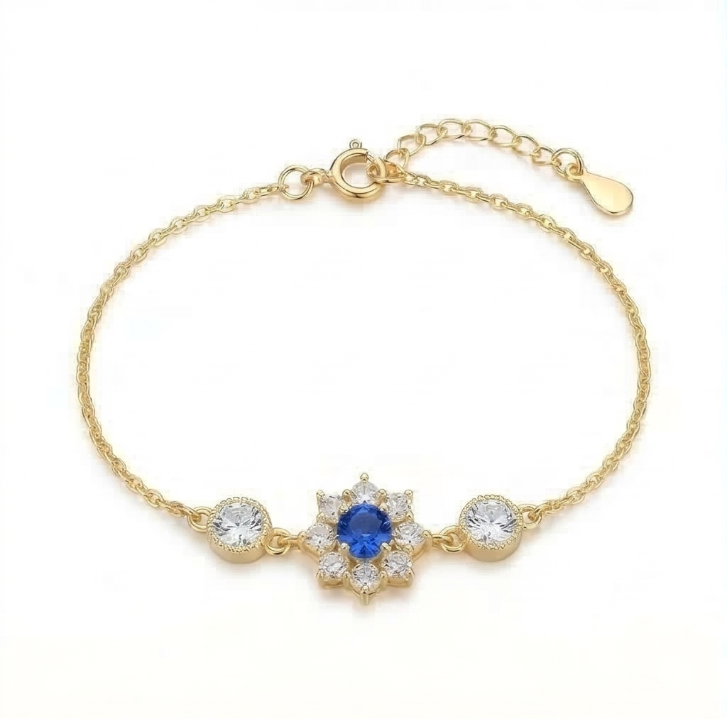 925 Sterling Silver Gold Plated Blue Floral Bracelet Premium Jewellery for Women