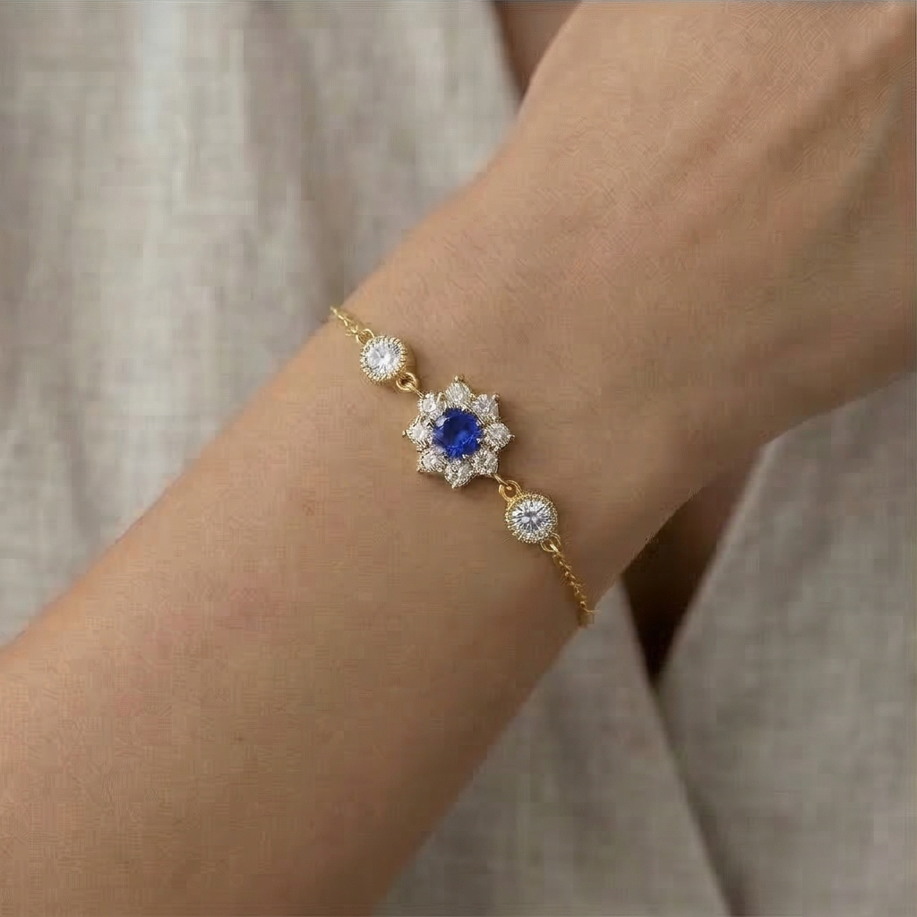 925 Sterling Silver Gold Plated Blue Floral Bracelet Premium Jewellery for Women