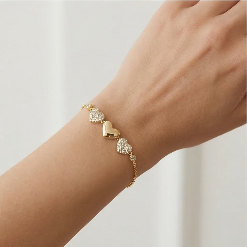 925 Sterling Silver Triple Heart Bracelet in Premium Gold Finish Romantic Jewellery for Women