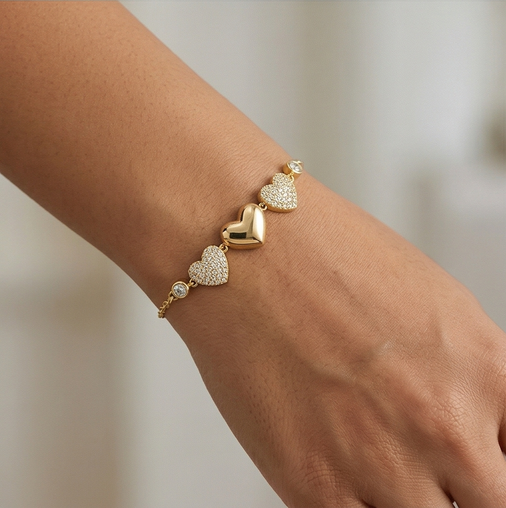 925 Sterling Silver Triple Heart Bracelet in Premium Gold Finish Romantic Jewellery for Women