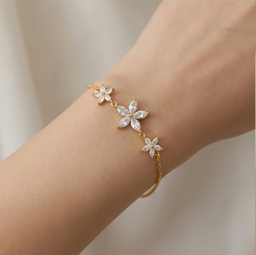 925 Sterling Silver Floral Cluster Bracelet in Premium Gold Finish Elegant Jewellery for Women