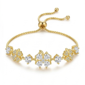 925 Sterling Silver Gold Plated Floral Clover Adjustable Bolo Bracelet Premium Jewellery for Women
