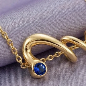 925 Sterling Silver Gold Plated Twisted Wave Blue Stone Pendant Necklace Women's Jewellery