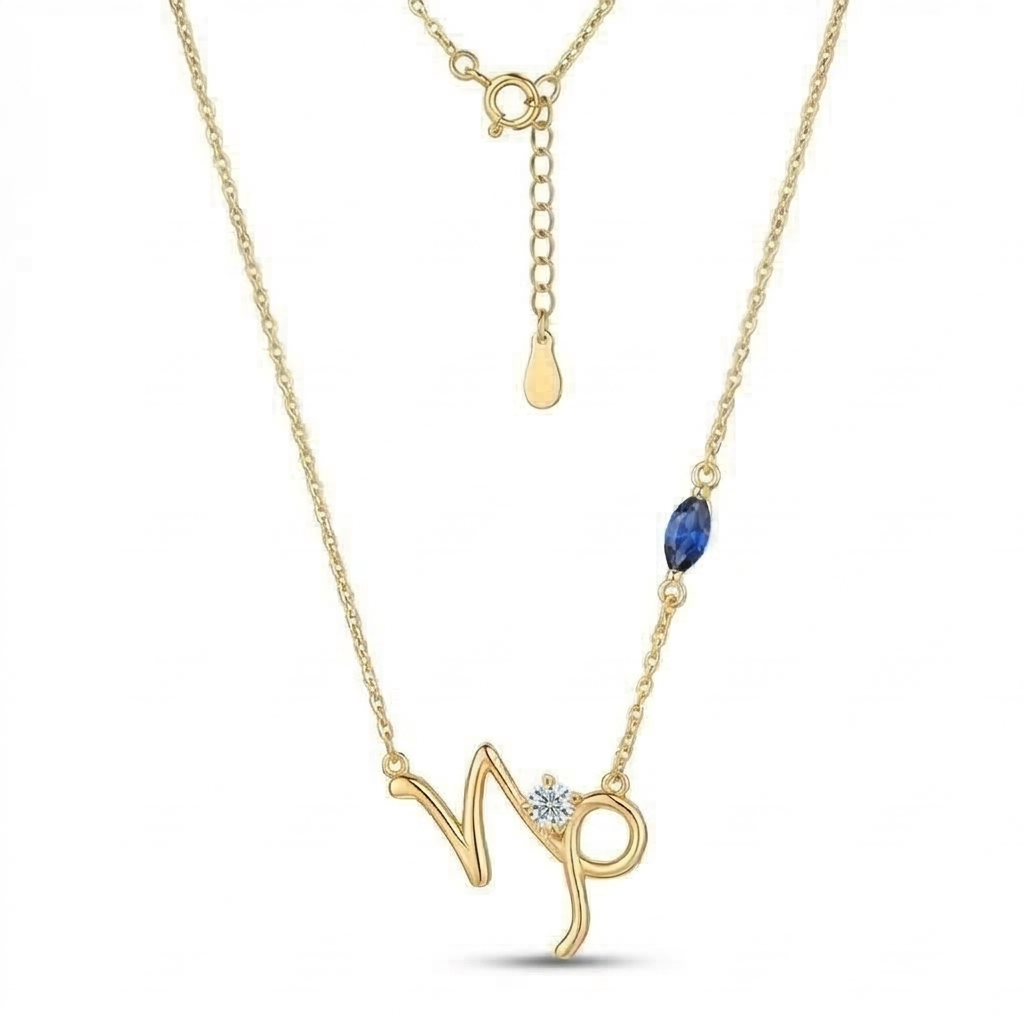925 Sterling Silver Gold Plated Capricorn Zodiac Blue Stone Pendant Necklace Women's Jewellery