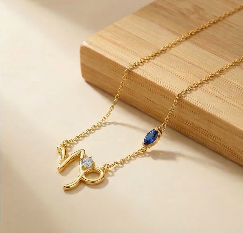 925 Sterling Silver Gold Plated Capricorn Zodiac Blue Stone Pendant Necklace Women's Jewellery