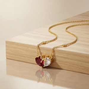 925 Sterling Silver Two-Tone Red Heart Bow Necklace Jewellery with Gold Finish