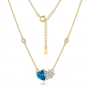 925 Sterling Silver Two-Tone Blue Heart Bow Necklace Jewellery with Gold Finish