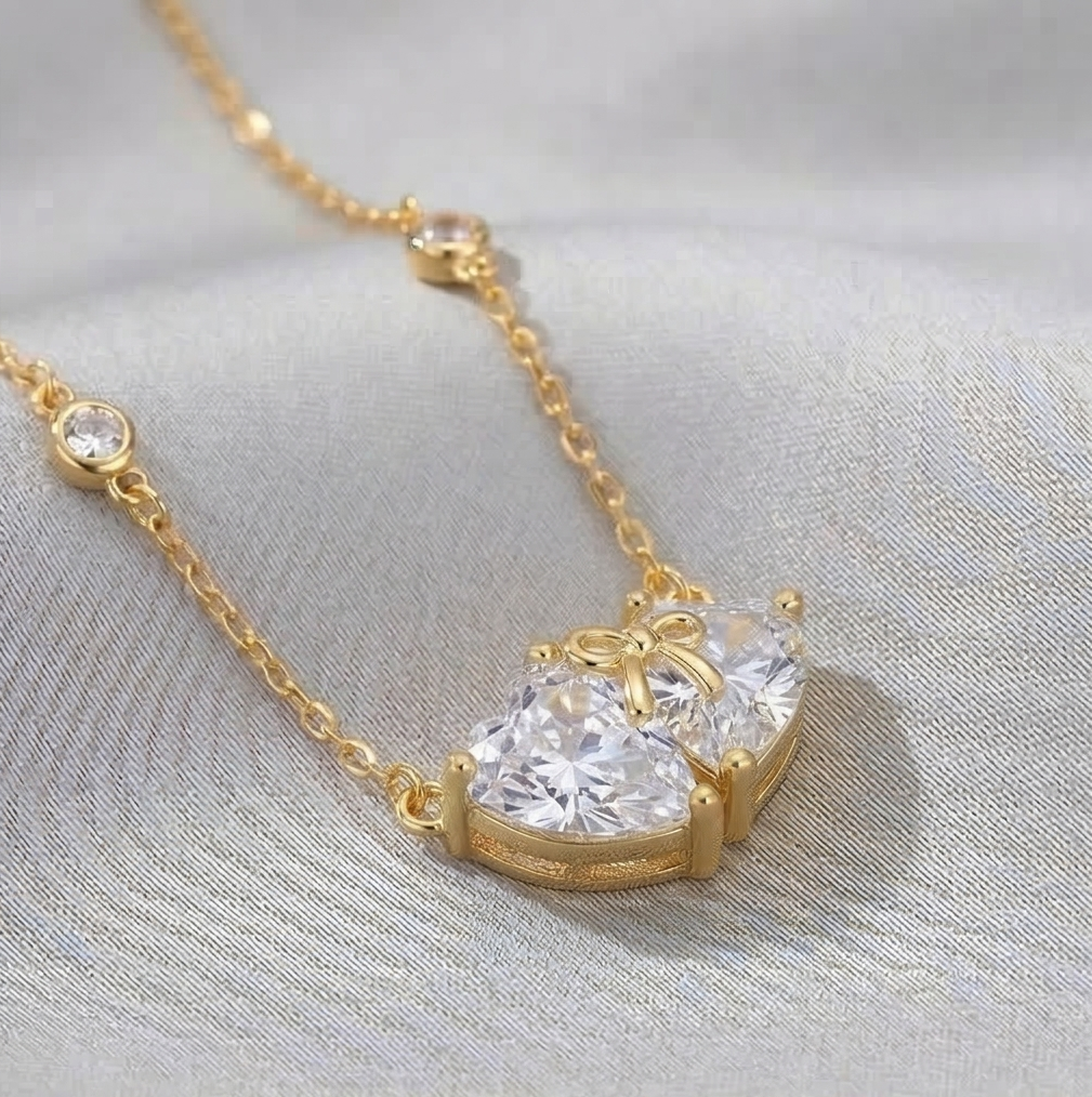 925 Sterling Silver Interlocking Hearts Bow Necklace Jewellery with Gold Finish