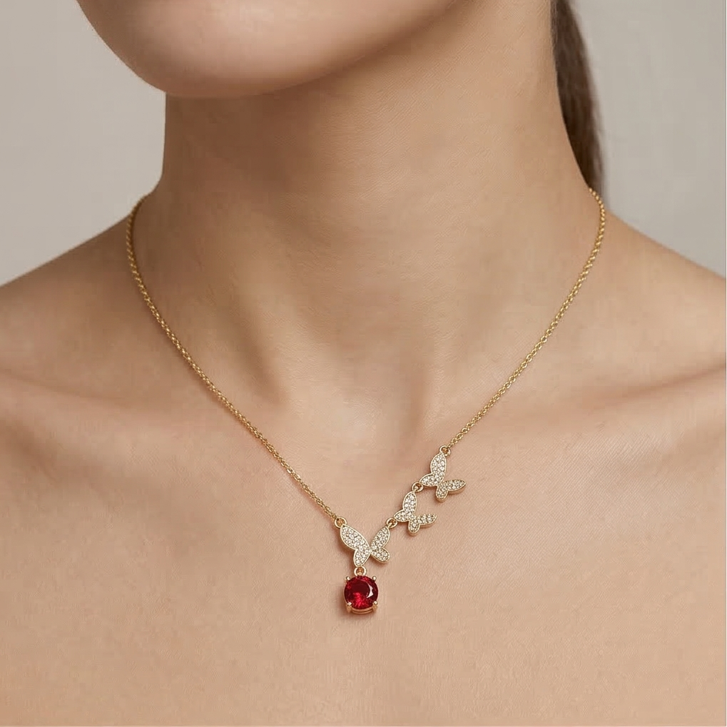 925 Sterling Silver Ascending Butterfly Red Drop Necklace Jewellery with Gold Finish