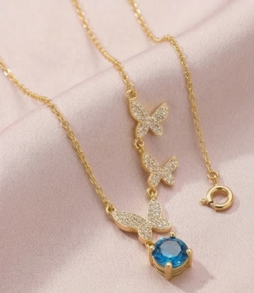 925 Sterling Silver Ascending Butterfly Blue Drop Necklace Jewellery with Gold Finish