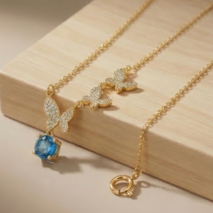 925 Sterling Silver Ascending Butterfly Blue Drop Necklace Jewellery with Gold Finish