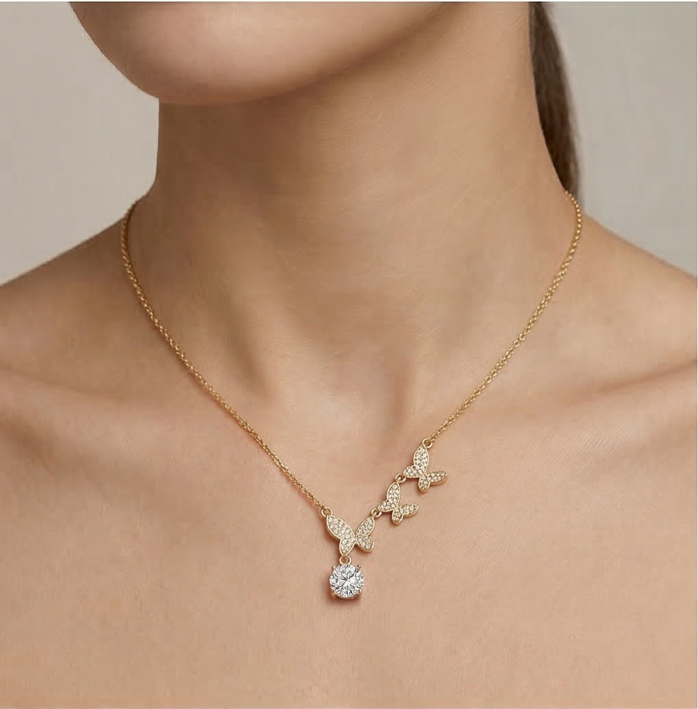 925 Sterling Silver Ascending Butterfly Pendant Necklace Jewellery with Gold Finish