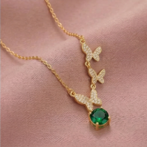 925 Sterling Silver Ascending Butterfly Green Drop Necklace Jewellery with Gold Finish